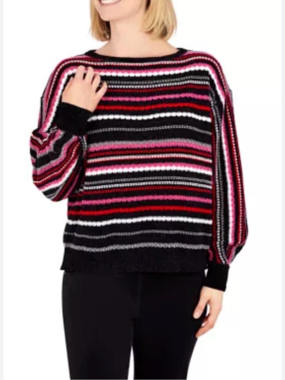 Ruby Rd striped pullover sweater features a colorful chenille texture size Large
